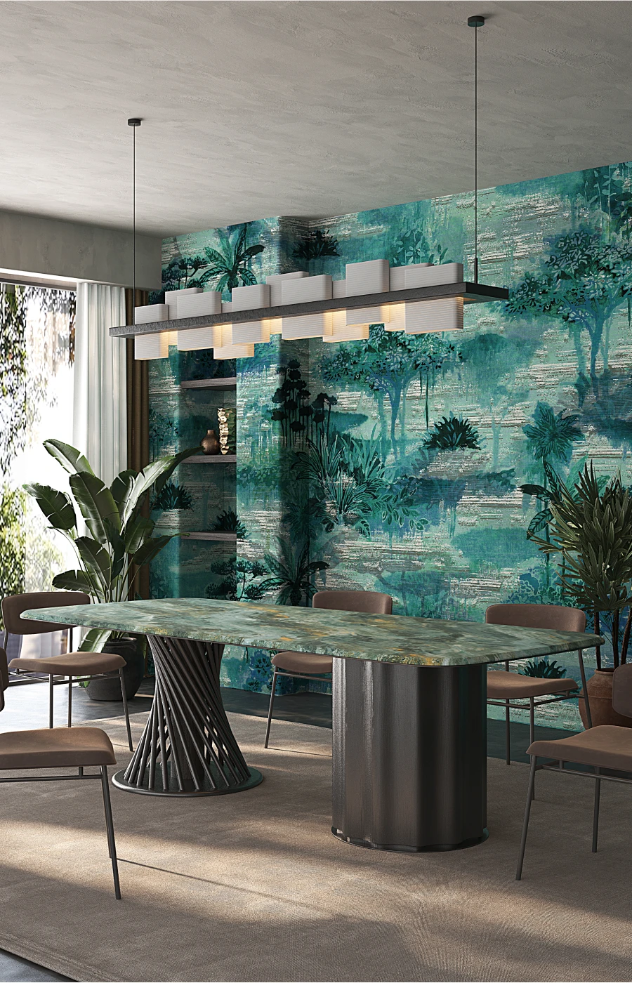 Bespoke luxury wallcovering by Atelier Ferus in a refined dining room interior